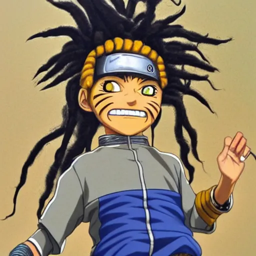 Prompt: a highly detailed painting of a boy with dreadlocks and a beard in the reality of naruto, he does a lot of mischief and dances with the other members of the animated series