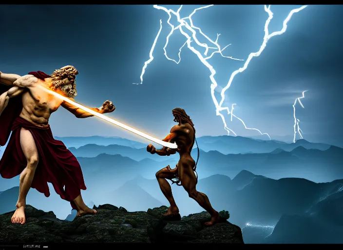 Image similar to zeus fighting chronos with a spear of lightning at the top of mount olympus. mythology style. highly detailed 8 k. intricate. lifelike. soft light. sony a 7 r iv 5 5 mm. [ cinematic post - processing ].