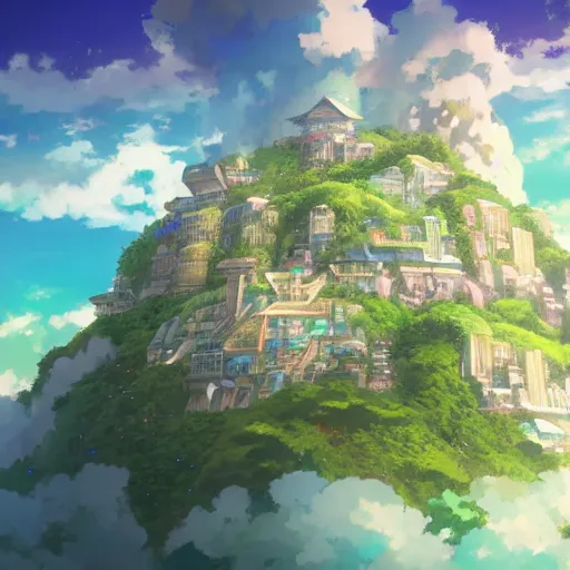Image similar to anime portrait of ethereal floating island cities, wide shot, solarpunk, trending on artstation, studio ghibli