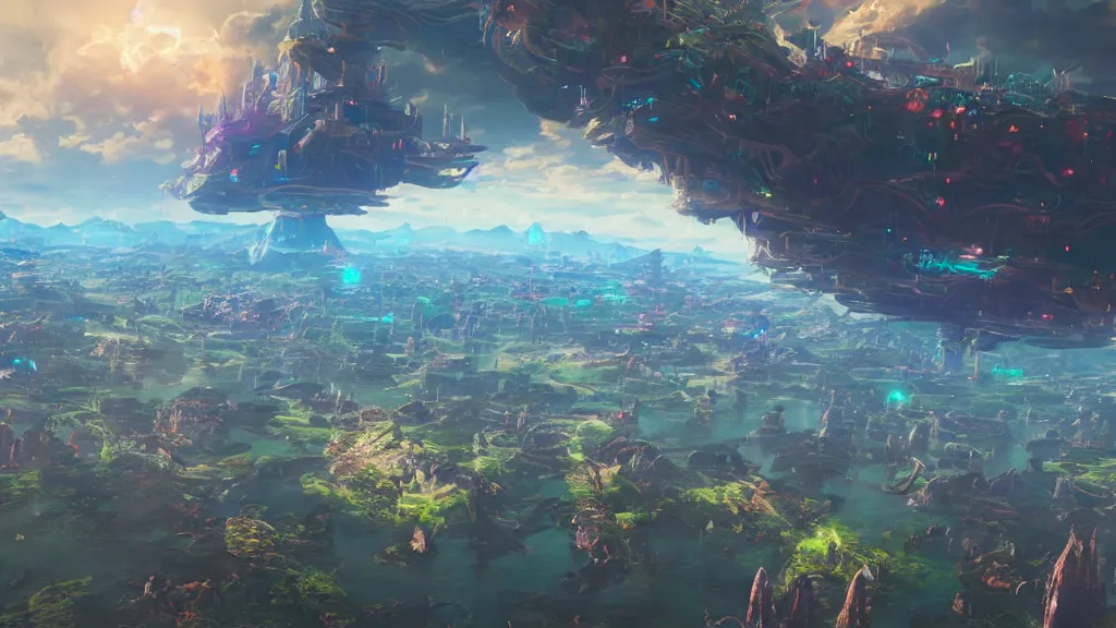 Prompt: a colossal floating multi-level city hovering in the sky, beautiful fantasy painting, breath of the wild, vibrant colors, magical dream-like atmosphere, cinematic lighting, hyperdetailed 3D matte painting, 8k ultraHD octane render