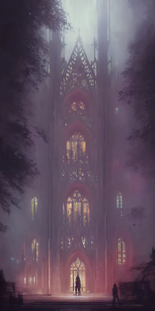 Prompt: outside of a futuristic gothic cathedral with leds, extremely detailed digital painting, in the style of fenghua zhong and ruan jia and jeremy lipking and peter mohrbacher, mystical colors, rim light, beautiful lighting, 8 k, stunning scene, raytracing, octane, trending on artstation