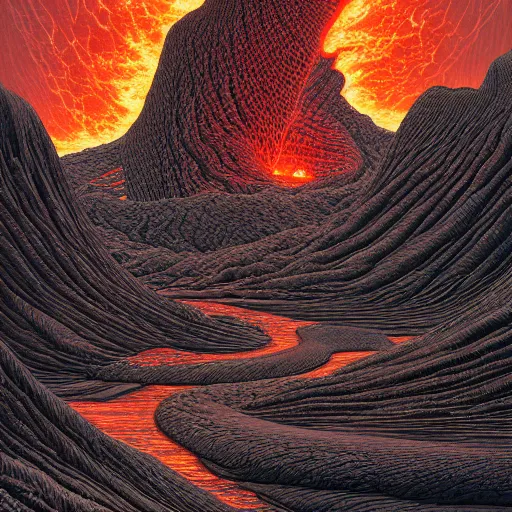 Prompt: lava river by jeffrey smith and wlop and gustave dore, featuring rhodium wires, circuitry, code, binary, cryptonomicon, dmt entity, ambient occlusion, 3 d concept render, scientifically accurate, artstation, intricate, beautiful, look at that detail!
