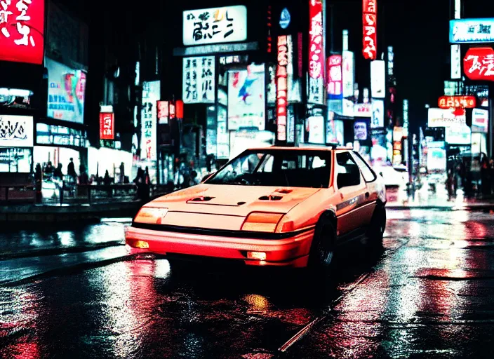 Image similar to close up macro shot of a ae 8 6 car on wet tokyo street at night, intricate, hyper detailed, smooth, high contrast, neon, volumetric lighting, octane, moebius, greg rutkowski, blade runner, ridley scott, cinematic