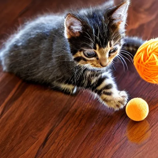 Image similar to small tortoiseshell colored kitten playing with a ball of yarn, sun rays, hardwood floor