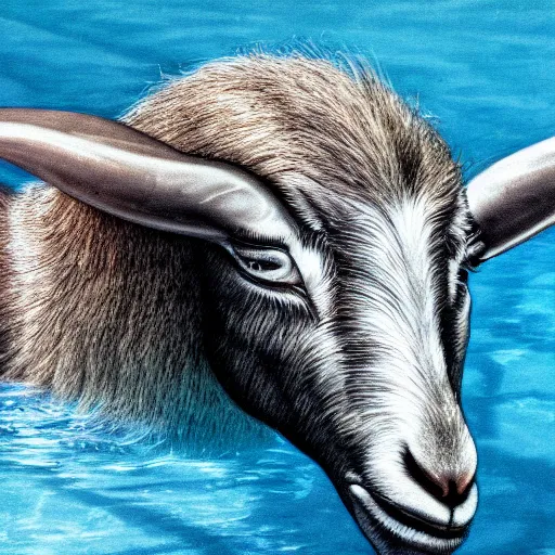 Prompt: wide angle of a nightmare goat in a swimming pool, highly detail, ultra realistic, art by hr giger, 4 k