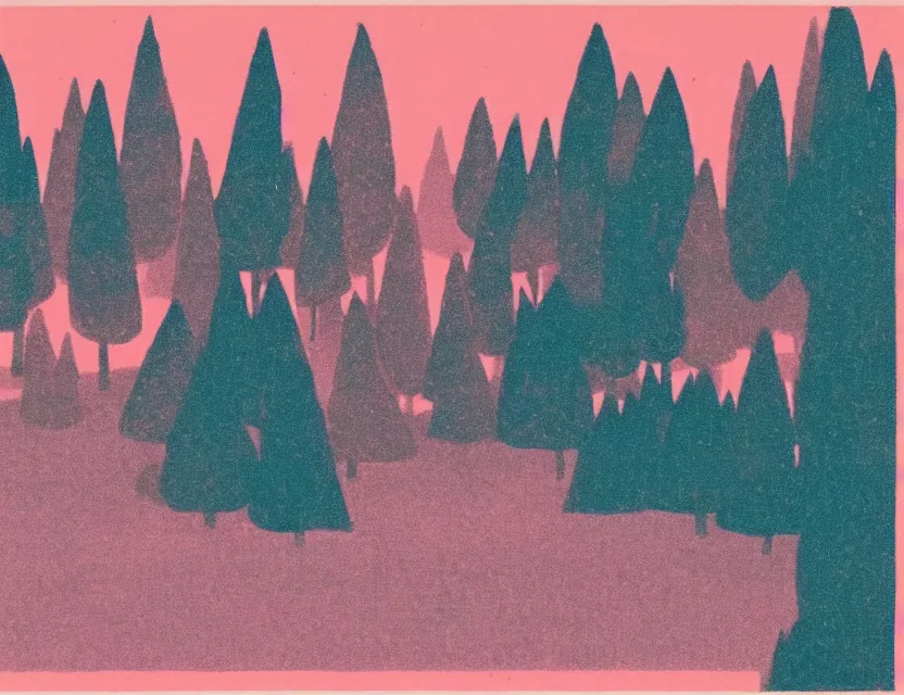 Prompt: 1 9 5 0 s risograph print of an image from a book depicting a forest at night, in shades of peach, pink, and teal gradient