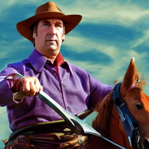 Prompt: saul goodman riding a horse while holding a sword, photograph, high rated, realistic, award winning