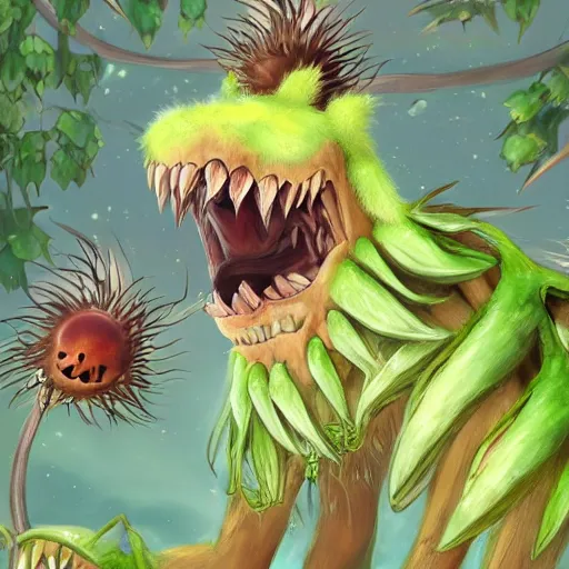 Image similar to Plant monster with toothed jaws and amber teeth, green thistle fur, anime visual, trending on art station