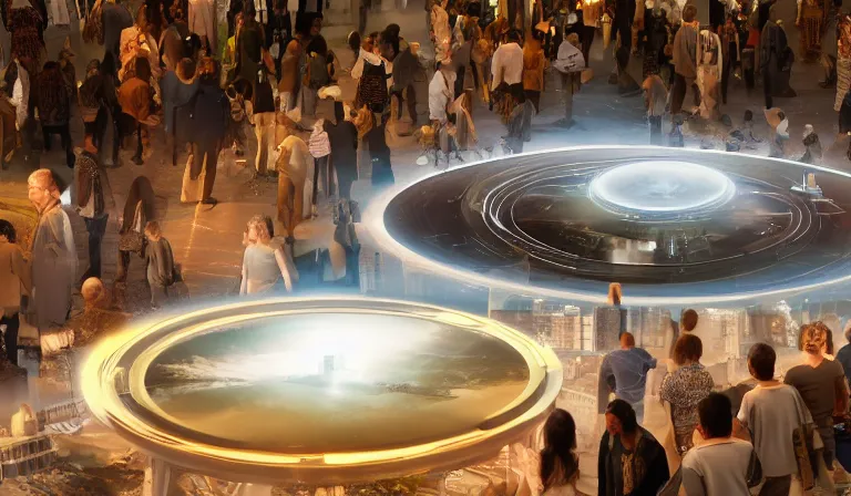 Prompt: crowd of people in simple white museum, looking at hologram of futuristic city on a circular table, cinematic concept art, godrays, golden hour, natural sunlight, 4 k, clear details, tabletop model buildings, center model buildings, hologram center, crane shot, crane shot, crane shot, white walls