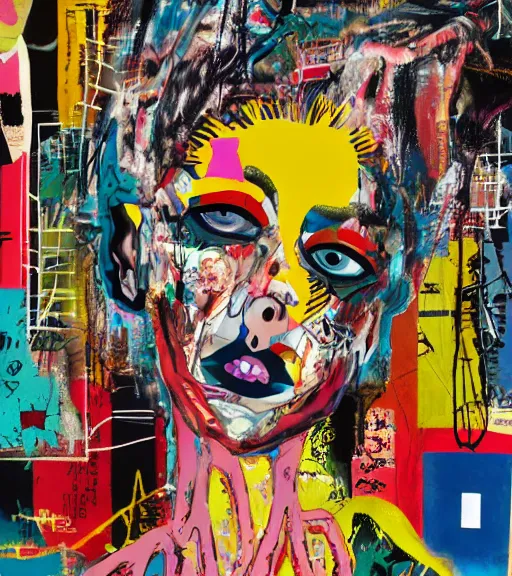 Prompt: acrylic painting of a bizarre psychedelic woman in japan surrounded by nostalgia, mixed media collage by basquiat and jackson pollock, maximalist magazine collage art, retro psychedelic illustration