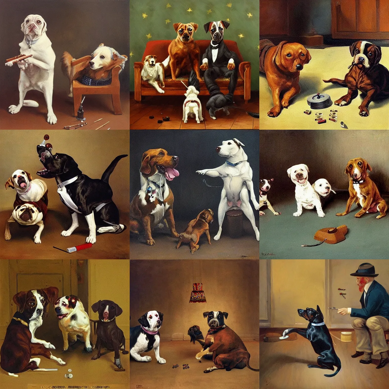 Prompt: “Dogs Playing Russian Roulette, painting by Cassius Marcellus Coolidge”