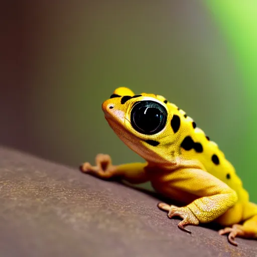 Prompt: an award winning photo of shiny golden black gecko looking at the camera, cute, nature photography, National Geographic, 4k