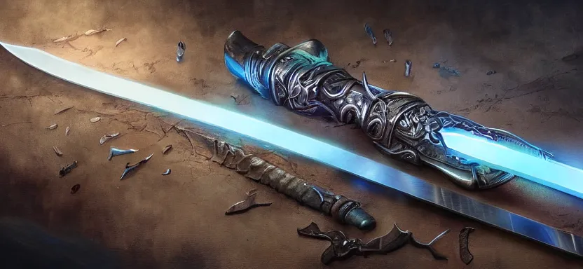 Image similar to legendary cybernetic sword lying flat on a glowing table with a long sharp black and iridescent sword blade, digital award winning hd matte painting, intimate dark moody, intricate, ornate spikes, colorful hilt, detailed realistic, raytraced blade, colored gems, future golden technological pommel, in the style of greg rutkowski and krenz cushart, deviantart