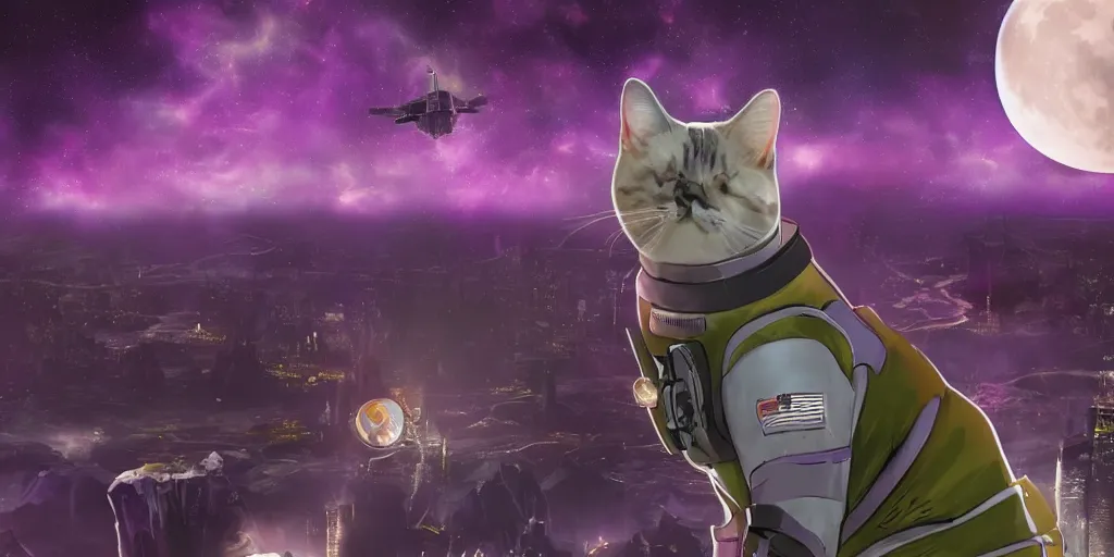 Image similar to A cat in sifi spacesuit looking down on Gotham city, purple night, giant moon in sky, hyperdetailed, dynamic scene, comics