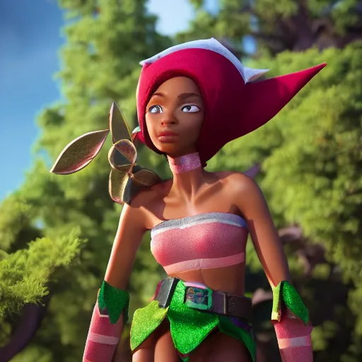 Image similar to beautiful afroame elf, clash royal style characters, unreal engine 5, octane render, detailed, cinematografic, cinema 4 d