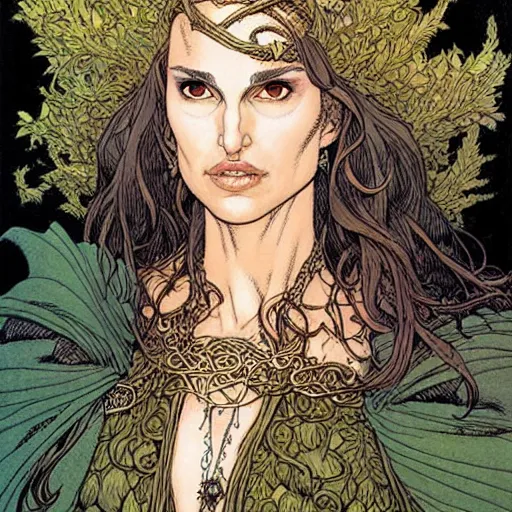 Prompt: a realistic portrait of natalie portman as a druidic wizard by rebecca guay, michael kaluta, charles vess and jean moebius giraud