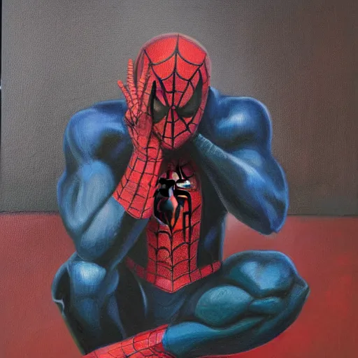 Image similar to spiderman, kneeling, praying, head lowered, portrait, oil, painting