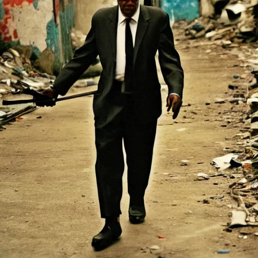 Image similar to a film still of Morgan Freeman as Hitman (2007), favela, sunset