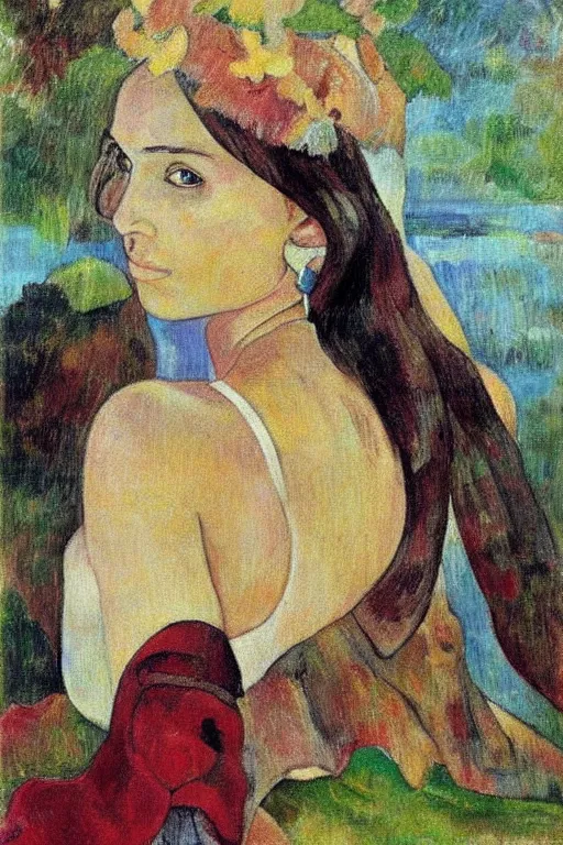 Image similar to “ young natalie portman drawn by paul gauguin ”