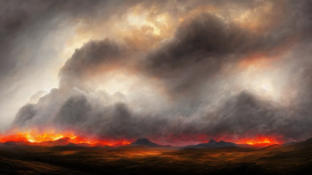 Image similar to a cinematic landscape photograph of a mountains peak in the clouds, a fiery dragon flys in the sky, thunder and lightning, lee madgwick
