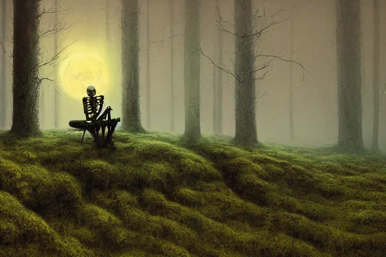 Image similar to a burning with fire human skeleton sitting behind computer, overgrown with moss, in foggy forest, at night with moon light, dark atmosphere, by beksinski zdzislaw