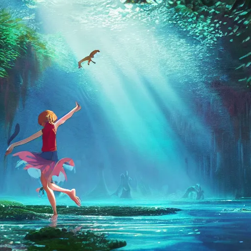 Prompt: young girl dancing underwater in redwood forest with dinosaurs, light rays through water, sharp focus, studio ghibli, Hayao Miyazaki, oil painting, artbook, Makoto Shinkai, Highly Detailed, Cinematic Lighting, 8k, HD