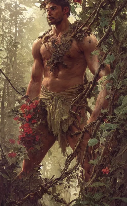 Image similar to god of the forest, 3 0 years old, rugged, handsome, male, detailed face, clean lines, atmospheric lighting, amazing, full body, thighs, flowers, muscular, intricate, highly detailed, digital painting, deviantart, concept art, sharp focus, illustration, art by greg rutkowski and alphonse mucha