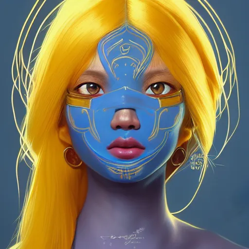 Image similar to symmetry!! portrait of a filipino cute girl blue - yellow hair, nasal strip, intricate, elegant, highly detailed, my rendition, digital painting, artstation, concept art, smooth, sharp focus, illustration, art by artgerm and greg rutkowski and alphonse mucha and uang guangjian and gil elvgren and sachin teng