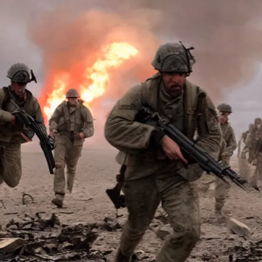 Image similar to american soldiers running at the camera with rifles during normandy beach landing with fiery explosions and debris and dead bodies and limbs all around them in the style of the movie lone survivor and saving private ryan, gritty, 4 k, cinematic lighting, rule of thirds, high power explosions causing bodies to explode with bloody pieces