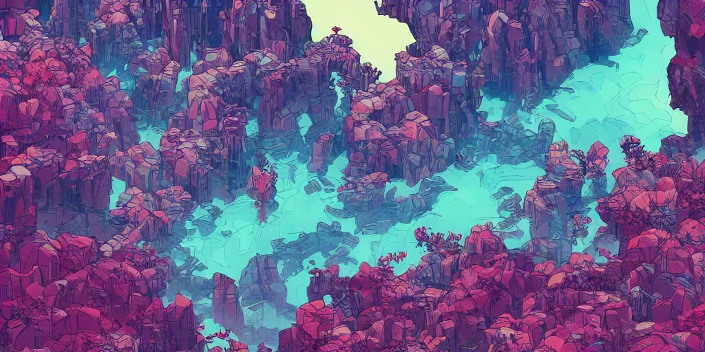 Image similar to generative digital art examples in the style of a video game illustration vivid color borderlands and by feng zhu and loish and laurie greasley, victo ngai, andreas rocha, john harris
