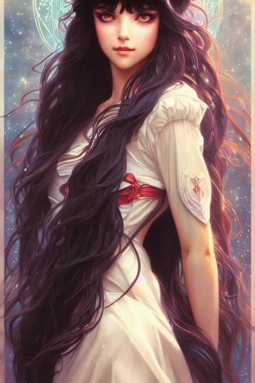 Image similar to a beautiful girl with long dark hair and bangs, sailor moon aesthetic, fantasy, intricate, elegant, highly detailed, digital painting, artstation, concept art, matte, sharp focus, illustration, art by Artgerm and Greg Rutkowski and Alphonse Mucha