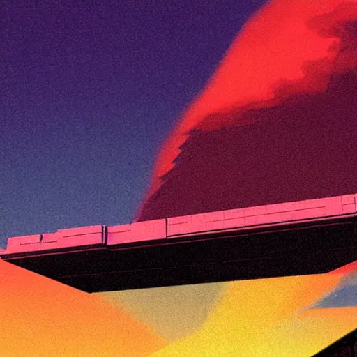 Prompt: star destroyer, brick buildings urban street neon futuristic cyberpunk vaporwave tron glow sunset clouds sky illustration by syd mead concept art