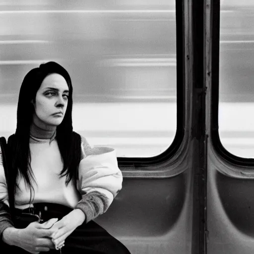 Prompt: a black haired woman gets annoyed by a train delay and is listening to the cure in germany, photography, hasselblad, large format
