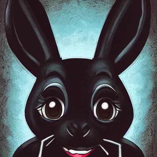 Image similar to A extremely highly detailed majestic hi-res beautiful, highly detailed head and shoulders portrait of a scary terrifying, horrifying, creepy black cartoon rabbit with scary big eyes, earing a shirt laughing, hey buddy, let's be friends, in the art style of Walt Disney