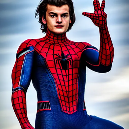 Image similar to a realistic portrait of Joe Keery as spider-man