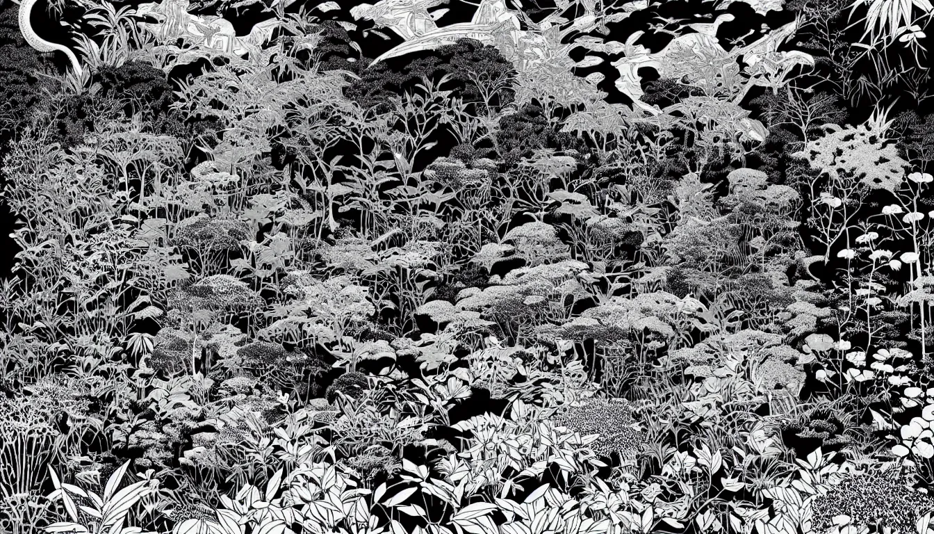 Prompt: lush jungle by woodblock print, nicolas delort, moebius, victo ngai, josan gonzalez, kilian eng
