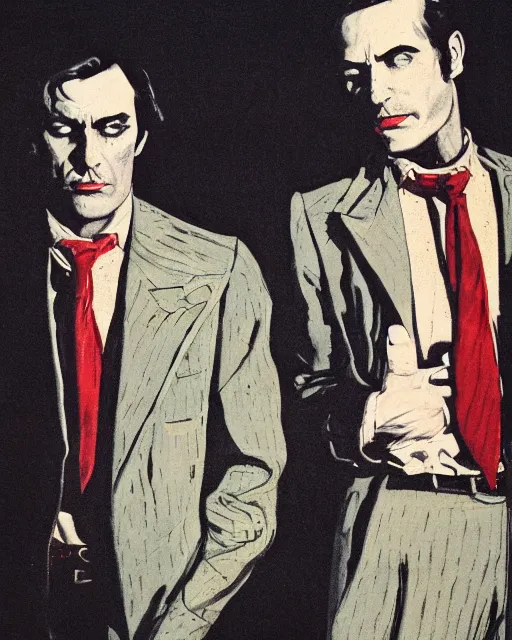 Prompt: two handsome but sinister men wearing oxford shirts in dead space, with haunted eyes, 1 9 7 0 s, seventies, wallpaper, a little blood, moonlight showing injuries, delicate embellishments, painterly, offset printing technique, by brom, robert henri, walter popp