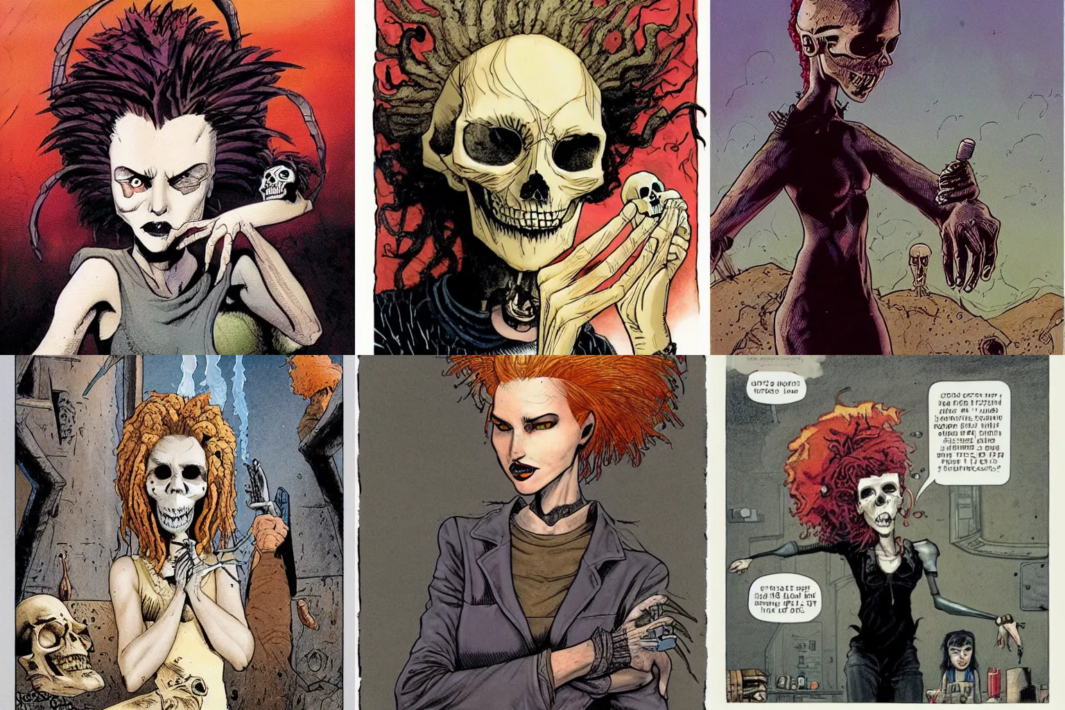 Prompt: A which with crazy hair stare at a skull in her hand. By Régis Loisel and Enki Bilal