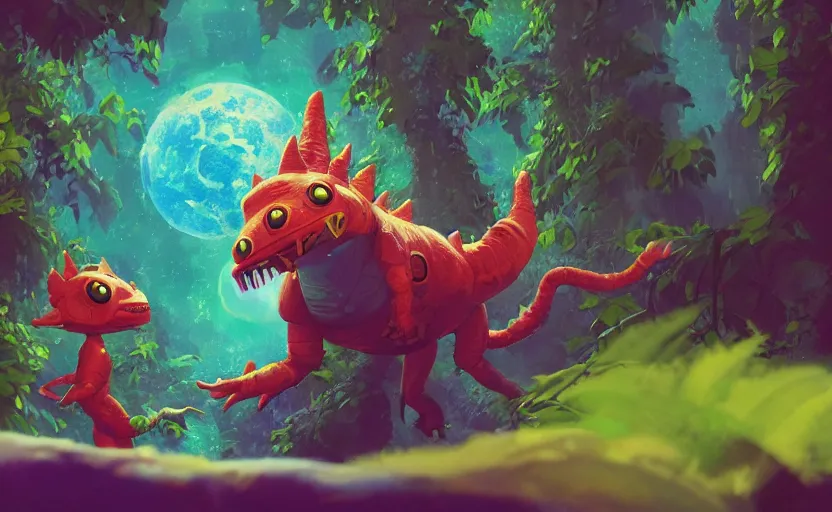 Image similar to a still of a cute adorable tiny astronaut, on a planet of lush colorful foliage, with an enormous kaiju dragon surrounding the full background, magical forest, sharp focus, neon backlit, highly detailed, disney pixar studio ghibli makoto shinkai, digital painting, matte, octane render, global illumination, iridescent, anime, 8 k concept art