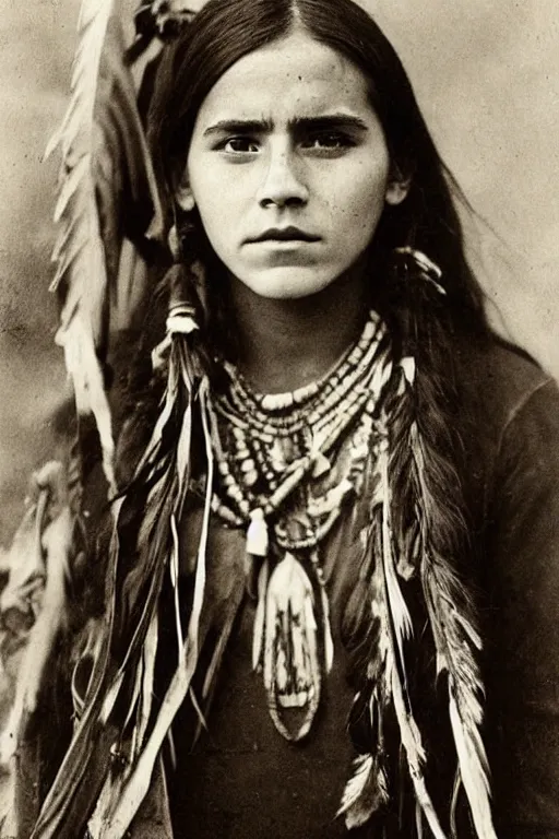 Image similar to “Photo of Native American indian woman Emma Watson, portrait, skilled warrior of the Chiricahua Apache, Lozen was the sister of Victorio a prominent Chief, showing pain and sadness on her face, ancient, realistic, detailed, emma watson”