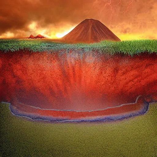 Image similar to a red sky and molten ground landscape, easter island heads are sinking in to the ground crumbling and seems to be fighting a storm or volcano, digital art