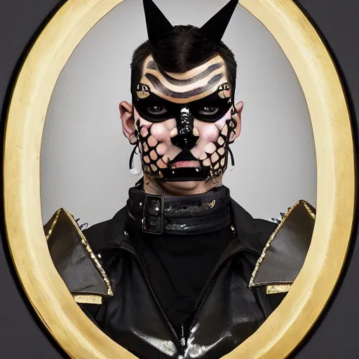 Image similar to an award finning and amazing portrait by akseli kallen gallela and john howe of a male cyberpunk punk rocker clothed in excessively fashionable 8 0 s haute couture fashion and wearing geometric face paint