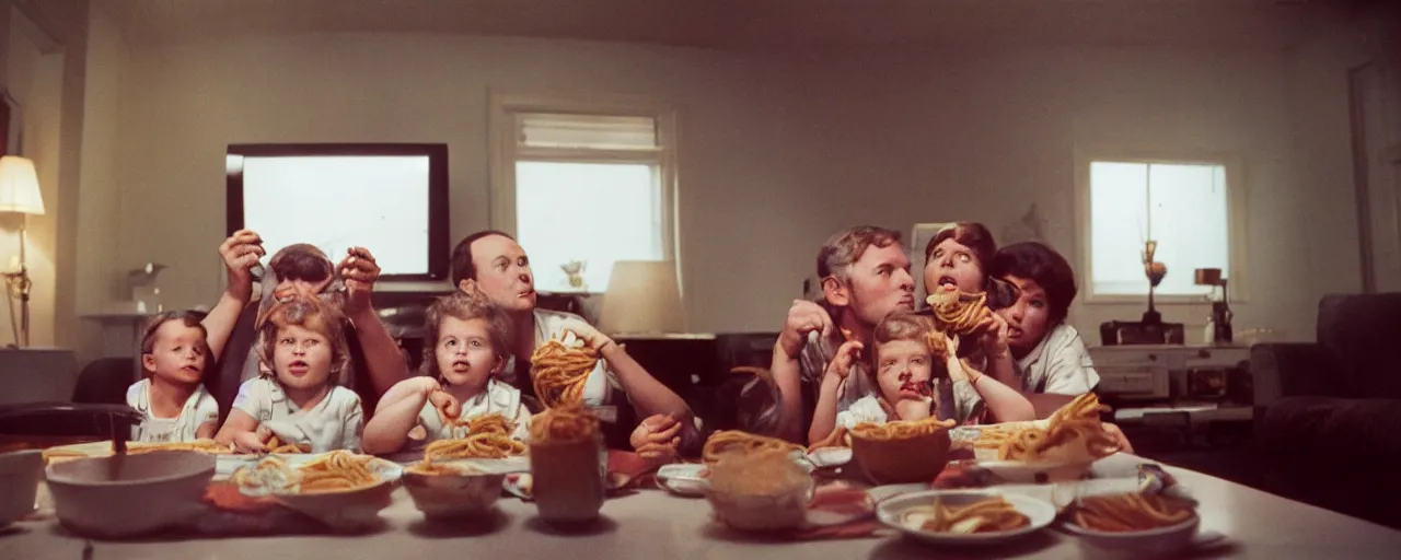 Image similar to a family watching the moon landing on tv, eating spaghetti, in the style of diane arbus, canon 5 0 mm, wes anderson film, kodachrome, retro