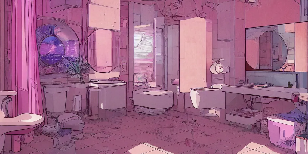 Image similar to bathroom interior, vaporwave, lofi, detailed, loish, trends in artstation by moebius,