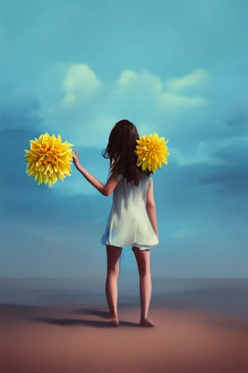 Prompt: closeup girl with huge yellow dahlia flower face, walking on beach, surreal photography, blue sky, sunrise, dramatic light, impressionist painting, digital painting, artstation, simon stalenhag