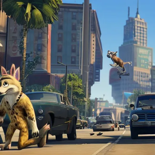 Prompt: Gameplay screenshot from the upcoming Rockstar Games release, Grand Theft Auto: Zootopia