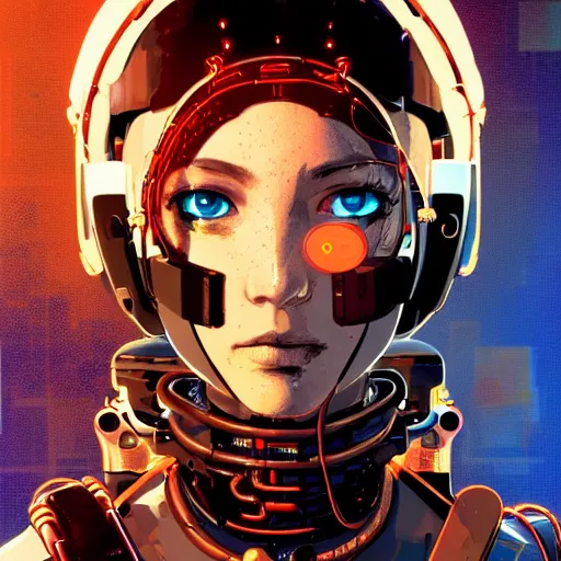 Prompt: highly detailed portrait of a post-cyberpunk robotic young lady with a visor and wired cybernetic face modifications, robotic limbs, by Akihiko Yoshida, Greg Tocchini, Greg Rutkowski, Cliff Chiang, 4k resolution, persona 5 inspired, vibrant orange and gold but dreary color scheme with sparking stray wiring