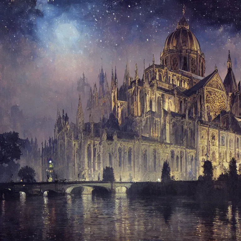 Image similar to a beautiful painting of the view from the river of ancient london cathedrals, at night with a sky full of stars, intricate, elegant, highly detailed, digital painting, artstation, concept art, by krenz cushart and artem demura and alphonse mucha