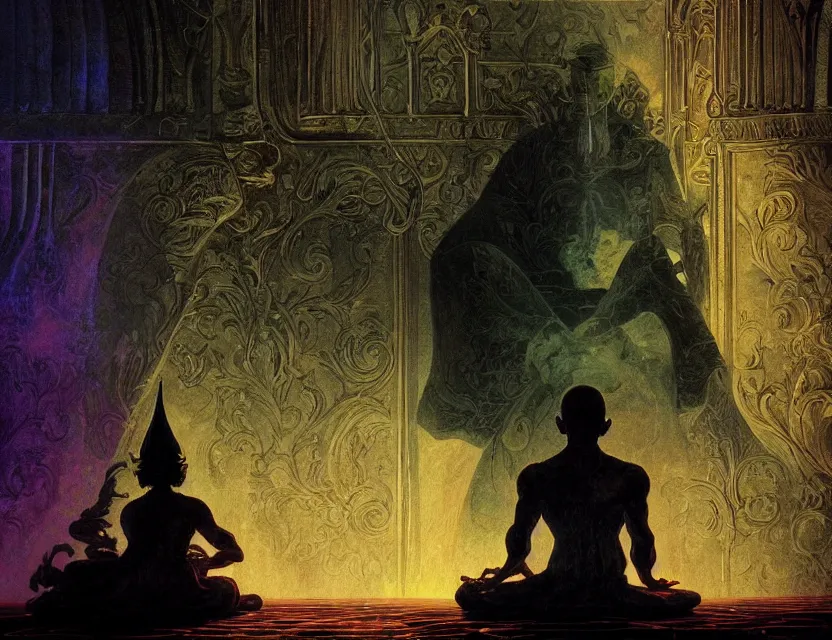 Prompt: a close - up view portrait of a silhouetted supernatural wizard meditating in baroque neoclassicist halls with iridescent metallic technology. close - up view, detailed textures. glowing colorful fog, dark black background. highly detailed fantasy science fiction painting by moebius, norman rockwell, frank frazetta, and syd mead. rich colors, high contrast. artstation