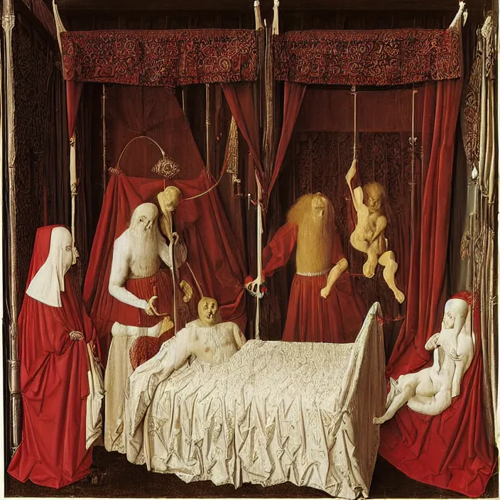 Prompt: three monsters jumping on the bed with white cloth and baldachin. jan van eyck